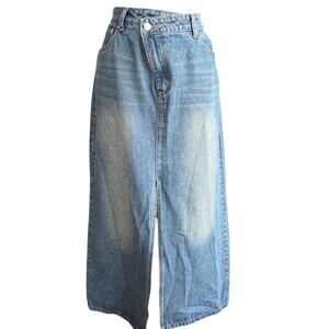 Blue denim maxi skirt with split and cross over waist detail